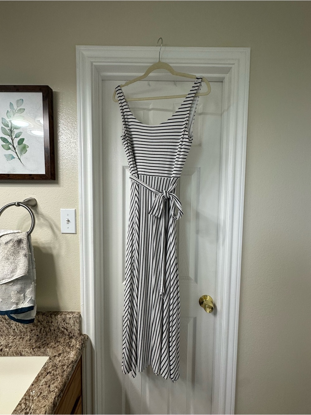 LOFT Black and White Striped Sleeveless Maxi Dress with Tie Waist